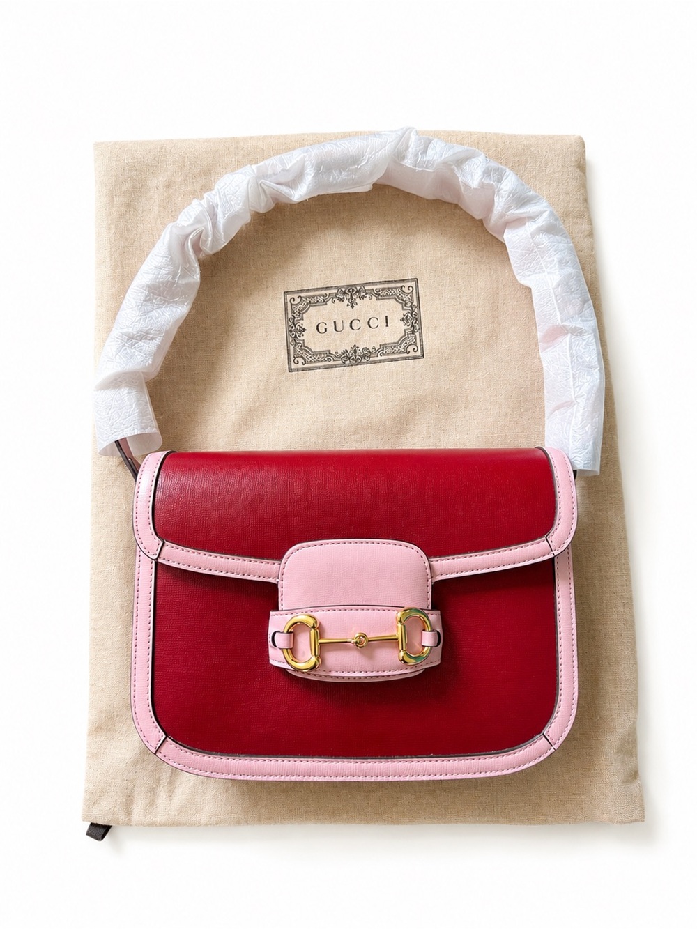 Gucci Red and Pink Leather Horsebit Shoulder Bag